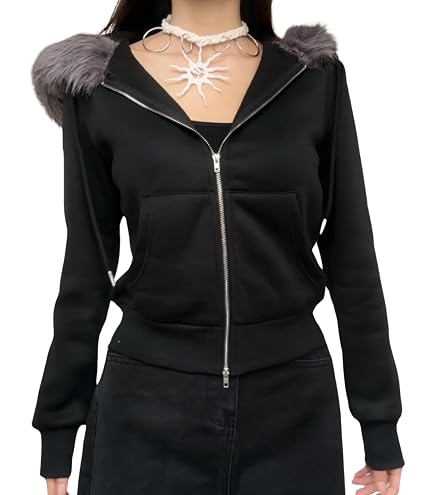 Amazon.com: YISHATIER Fur Collar Jacket Zip Up Graphic Jacket Y2K