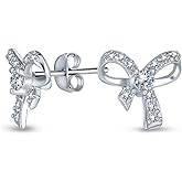 Bling Jewelry Dainty Romantic Bridal Wedding Clear Cubic Zirconia Pave CZ Station Holiday Present Ribbon Bow Pendant Necklace For Women Teen .925 Sterling Silver