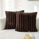 Sunday Praise Dark Brown Striped Throw Pillow Covers 16x16 Inch Set of 2 Double-Sided Faux Fur Plush Decorative Pillow Cases Soft Luxury Cushion Cases for Couch Sofa Living Room Décor