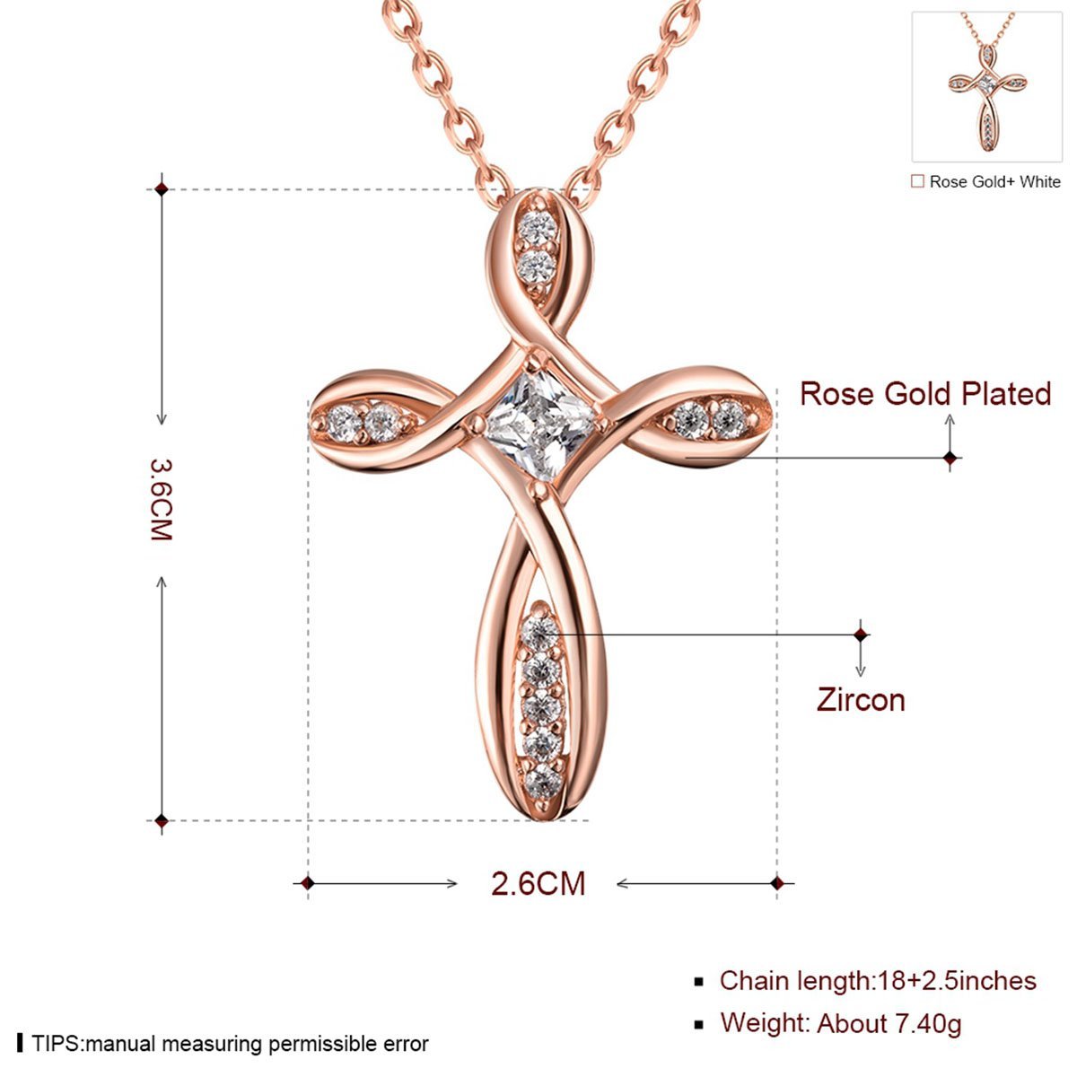 Rose Gold Cross Pendant Necklace for Women Infinity Zircon Crystal Jewelry