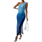 SOLY HUX Women's One Shoulder Sleeveless Bodycon Dress Split Ruched Ombre Mesh Party Cocktail Long Dresses