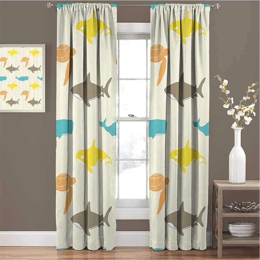 GUUVOR Sea Animals Decor Blackout Curtain Set Pattern with Whale Kindergarten Shading Insulation W42 x L84 Inch Shark and Turtle Aquarium Decorative Doodle Style