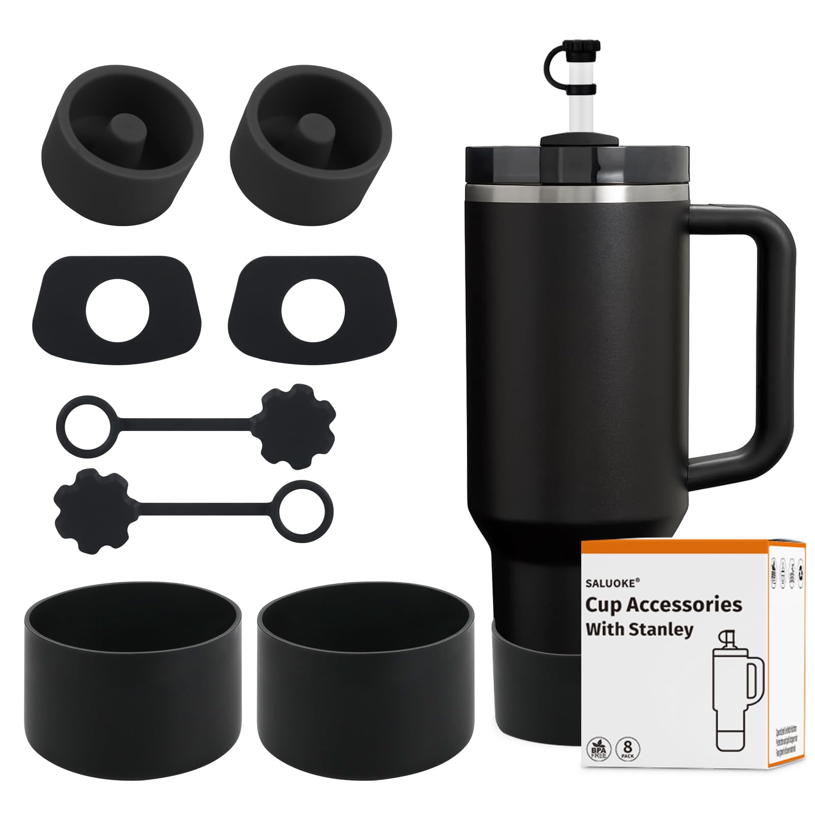 SALUOKE Cup Accessories 8 Pcs for Stanley, Including 2 Straw Cover Cap, 2 Square Spill Stopper, 2 Round Leak Stopper, 2 Pcs Silicone Boot for Stanley Cup 2.0 40/30oz Tumbler, Cup Not Included(Black)