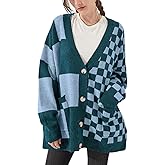 CHARTOU Women Slouchy Checkered Cardigan Oversized Open Front Cardigan Sweater Plaid Knit Outwear Coat