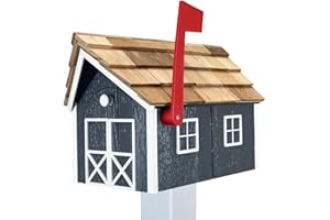 Peaceful Classics Amish Cedar Roof Wooden Mailbox with Window & Door Trim, Handcrafted Mailboxes for Outside, Post Mount Residential Mailboxes - (Dark Gray & White, Wood)