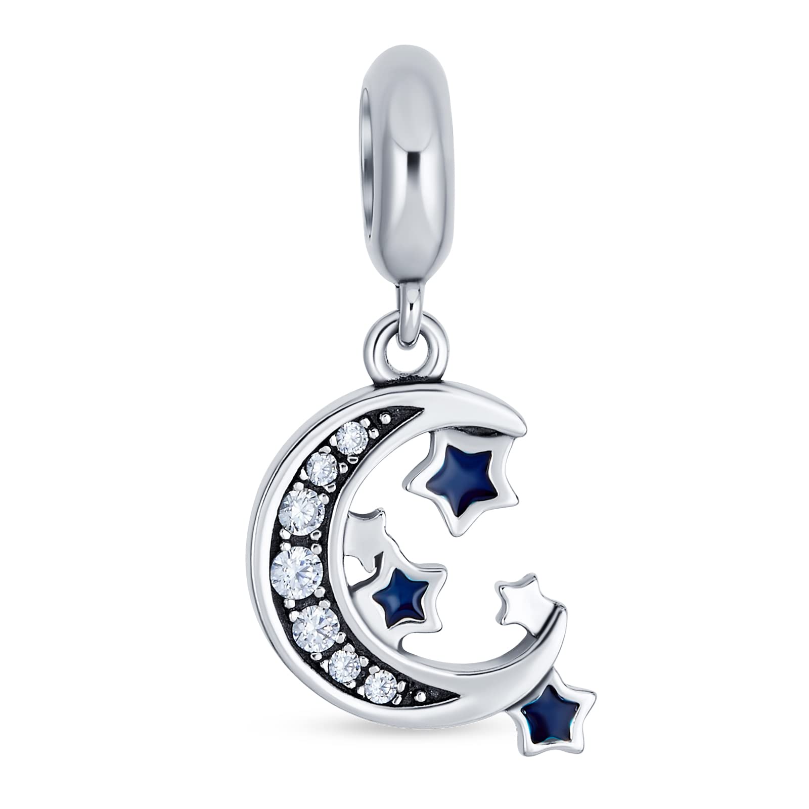 Bling Jewelry Celestial Cosmic Heavenly Twinkle Stary Night Crescent Moon Star Dangle Charm Bead For Women Teen .925 Sterling Silver Fits European Bracelet