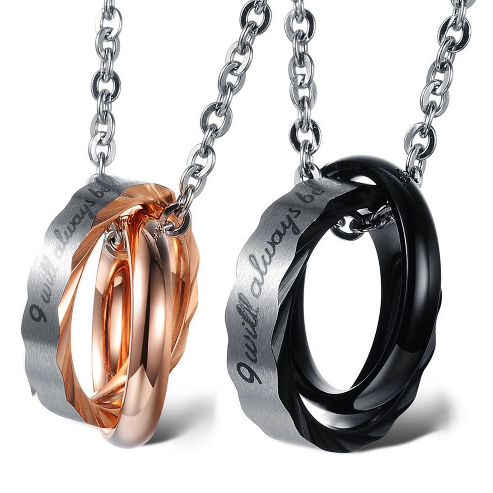 Cupimatch 2 Pieces Couples Necklace with Stainless Steel I Will Always be with You Interlocking Rings Pendant & Chain (i Will Always with You) ,21.5 inch โ image 1