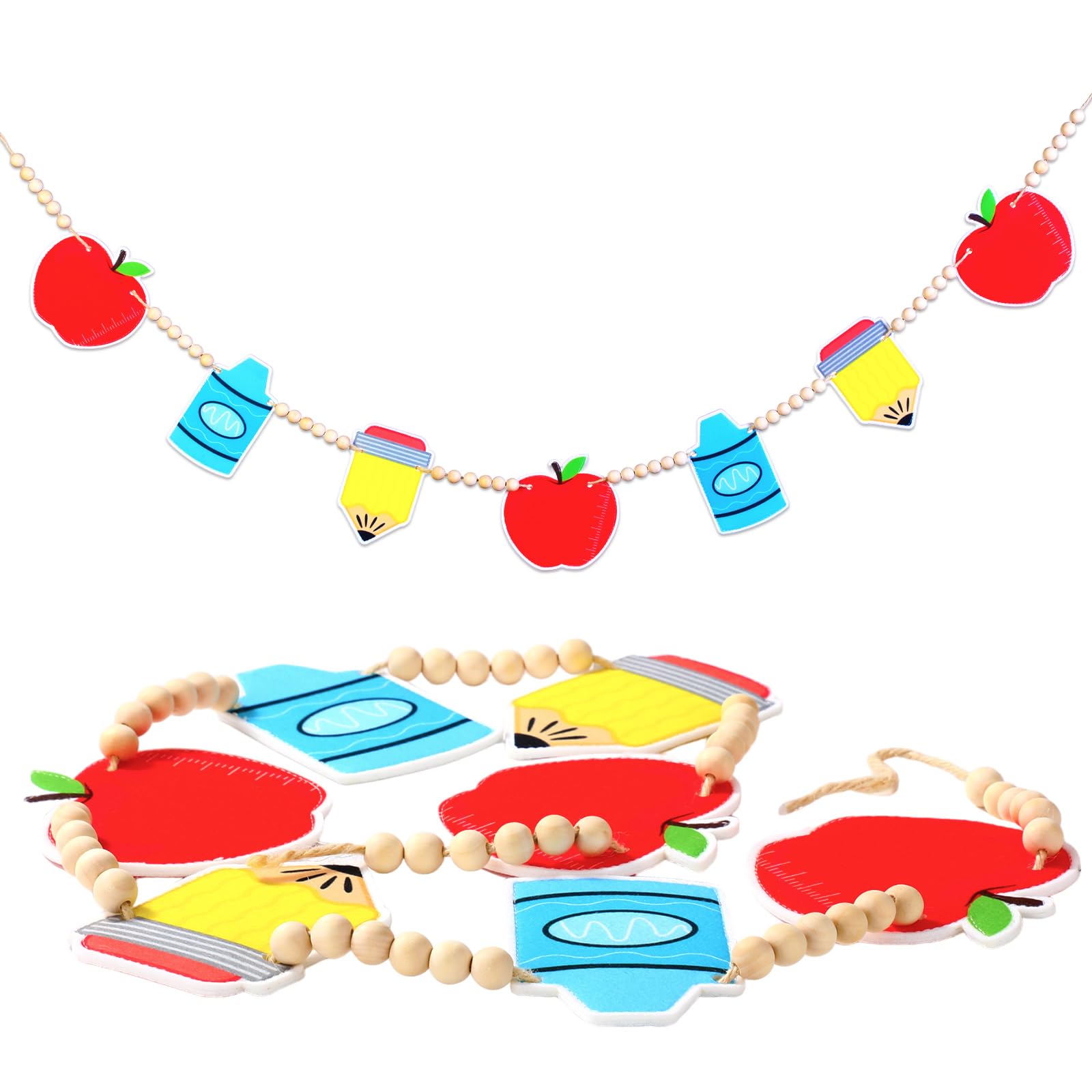 Photo 1 of Capoda Back to School Classroom Decorations Felt Crayon Pencil Apple Banner Garland 3D Welcome First Day of School Wood Bead Hanging Decorations Pre-Assembled for Wall Chalkboard Party Supplies, 4 ft