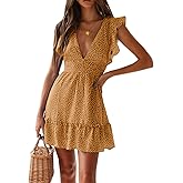 Women Floral Mini Dress Sexy V Neck Ruffle Flutter Sleeve Polka Dot Summer Dresses