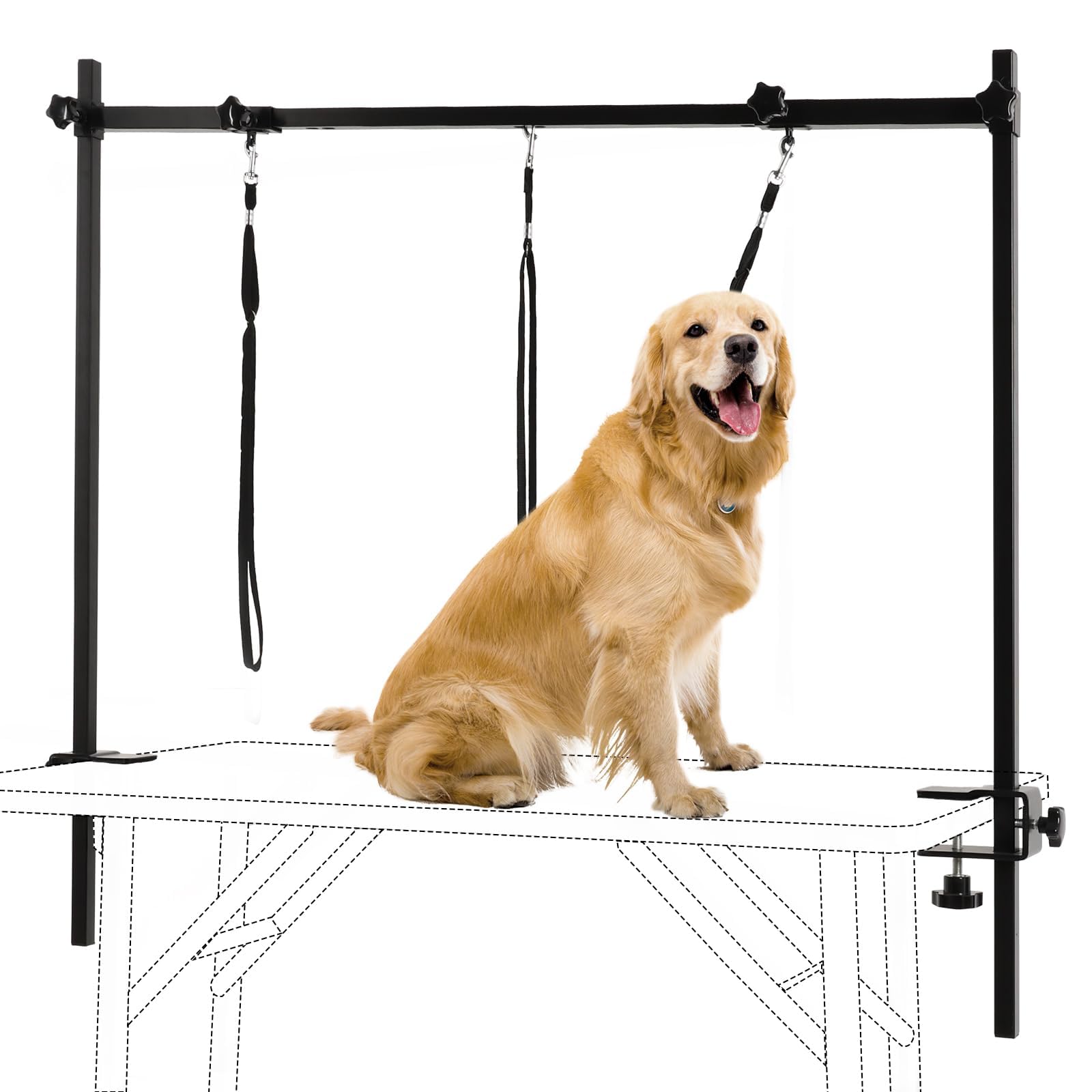 LUCKUP Dog Grooming Arm with Clamps - H Shape, Dog Grooming Table Arm with 3 Loop Noose, Pet Grooming Arm for Large/Medium/Small Pets, 81cm Height Adjustable and 85-127cm Width Adjustable, Black