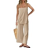 Panadila 2 Piece Linen Set Summer Travel Beach Vacation Outfit Sexy Spaghetti Strap Tank Top and Pants with Pockets