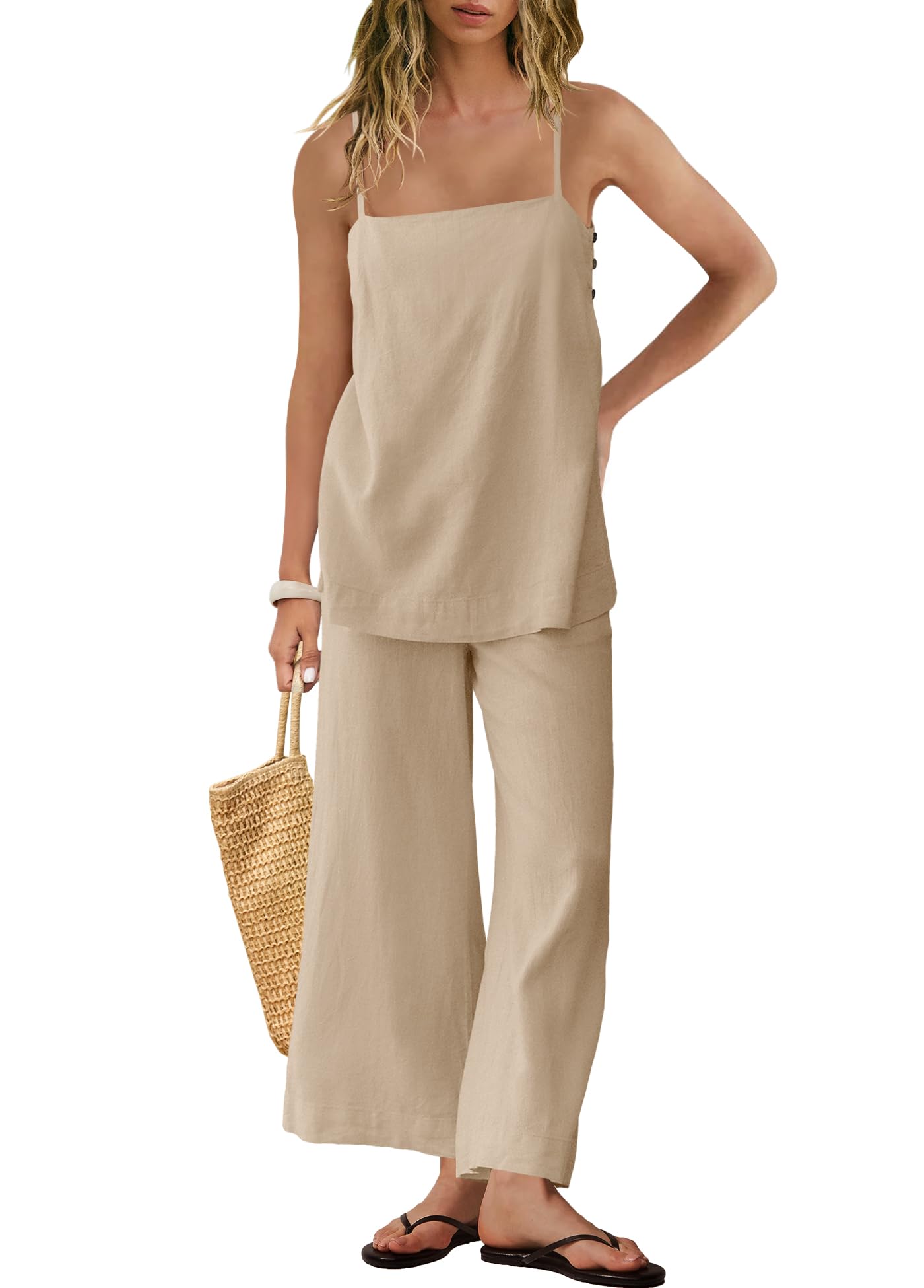 Photo 1 of Panadila 2 Piece Linen Set Summer Travel Beach Vacation Outfit Sexy Spaghetti Strap Tank Top and Pants with Pockets(Khaki,S)