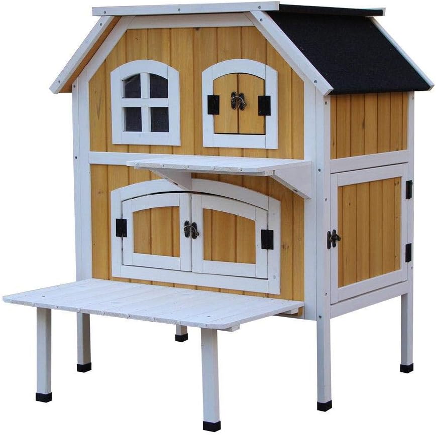 MRDS 2-Story Fir Wood Cat Cottage Pet House Indoor Outdoor Kennel Furniture Yellow Only Ship, N