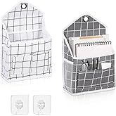 TIE-DailyNec 2PC Wall Hanging Storage Bag Linen Hanging Closet Organizer with Pockets Over The Door Hanging Basket Caddy and 2 Hanging Hook for Bedroom Bathroom Office Kitchen Dorm Room (Grey+Beige)