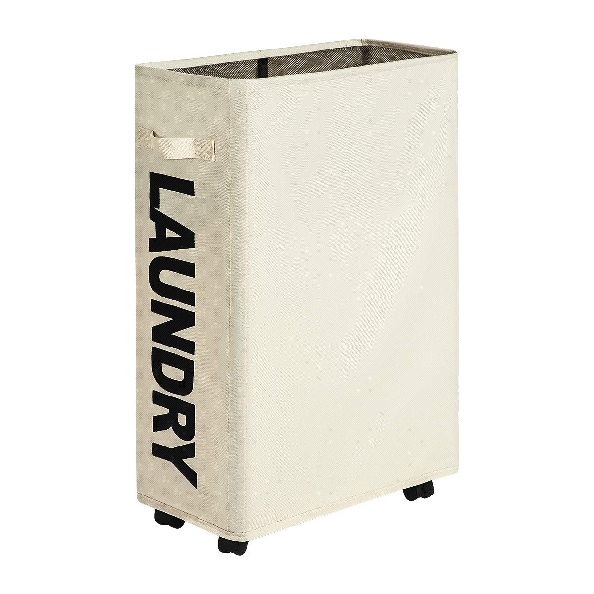 WOWLIVE Slim Laundry Basket Hamper on Wheels Collapsible Rolling Foldable Laundry Bin 44L（Beige）
