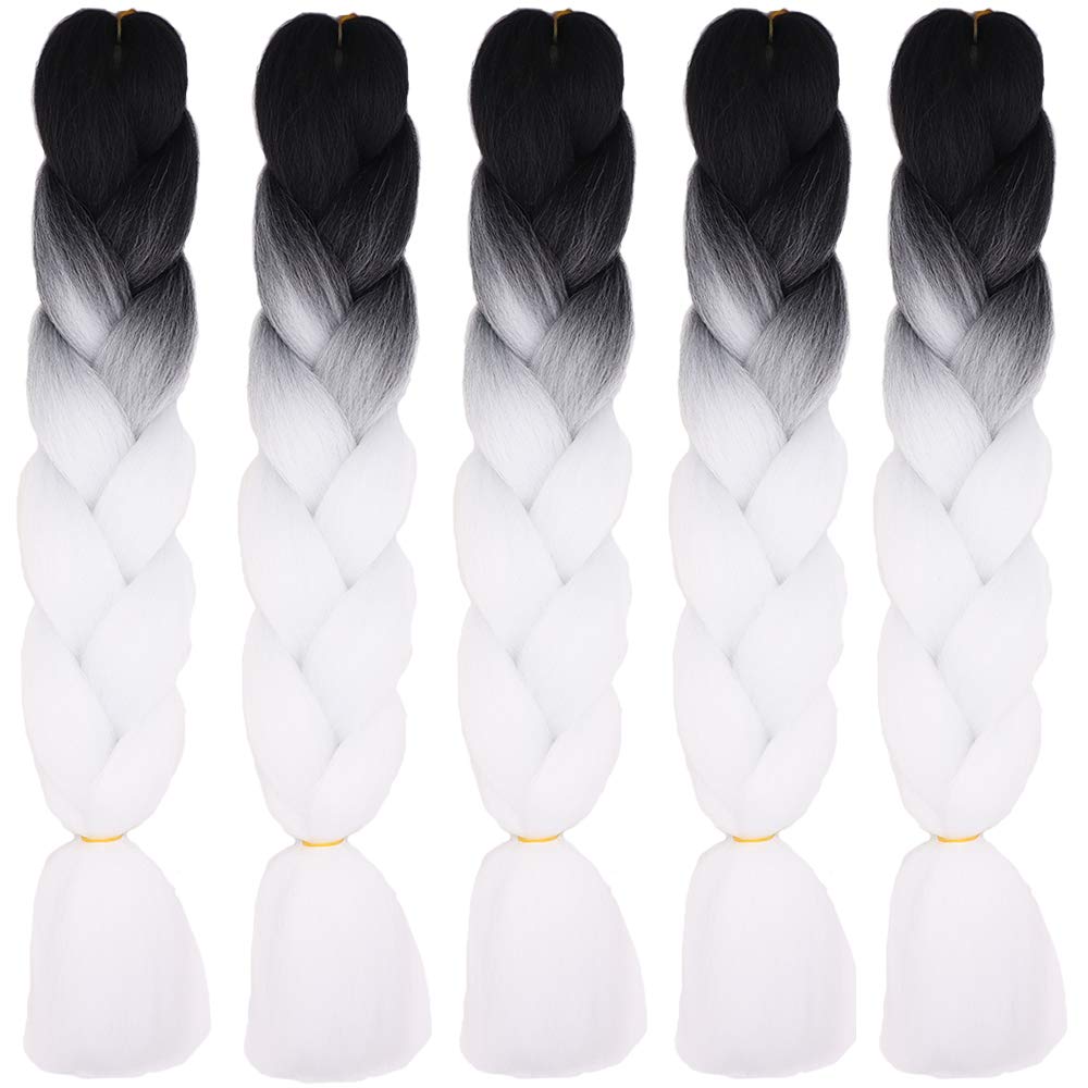 24" Braiding Hair Extension Jumbo Braids Synthetic 5bundles/pack Crochet Hair Afro Box Braid Heat Resistent (Black&White)
