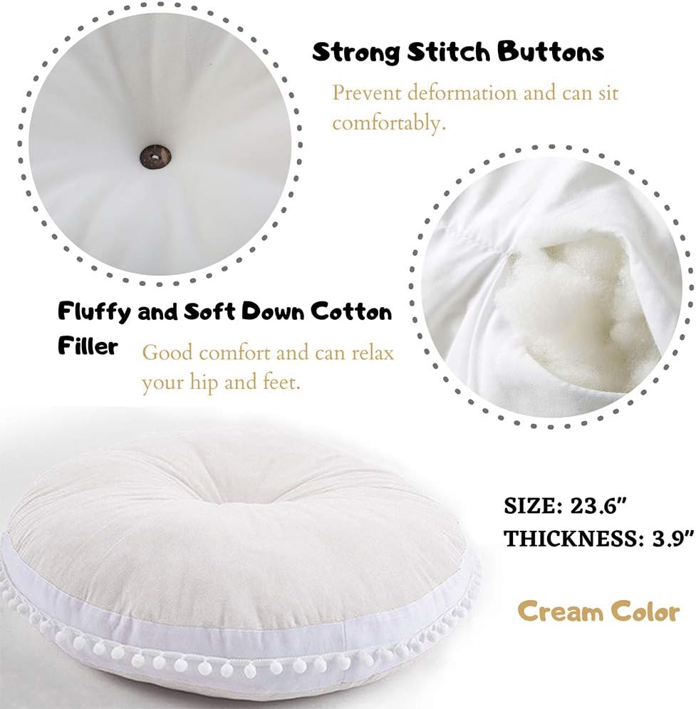 Kids Floor Pillow Cushion Seating Round Large Floor Cushion, Oversized Circle Pillow for Reading Nook Canopy Nursery Playroom Teepee Meditation, Soft Big Circular Cushion with Cute Pompom, Beige 23.6": Kitchen & Dining