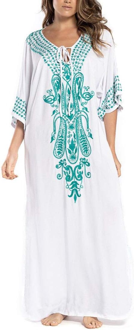 Women Long Tunic Dress Kaftan Maxi Dress Batwing 3/4 Sleeve Plus Size Summer Dress (White Blue 023)