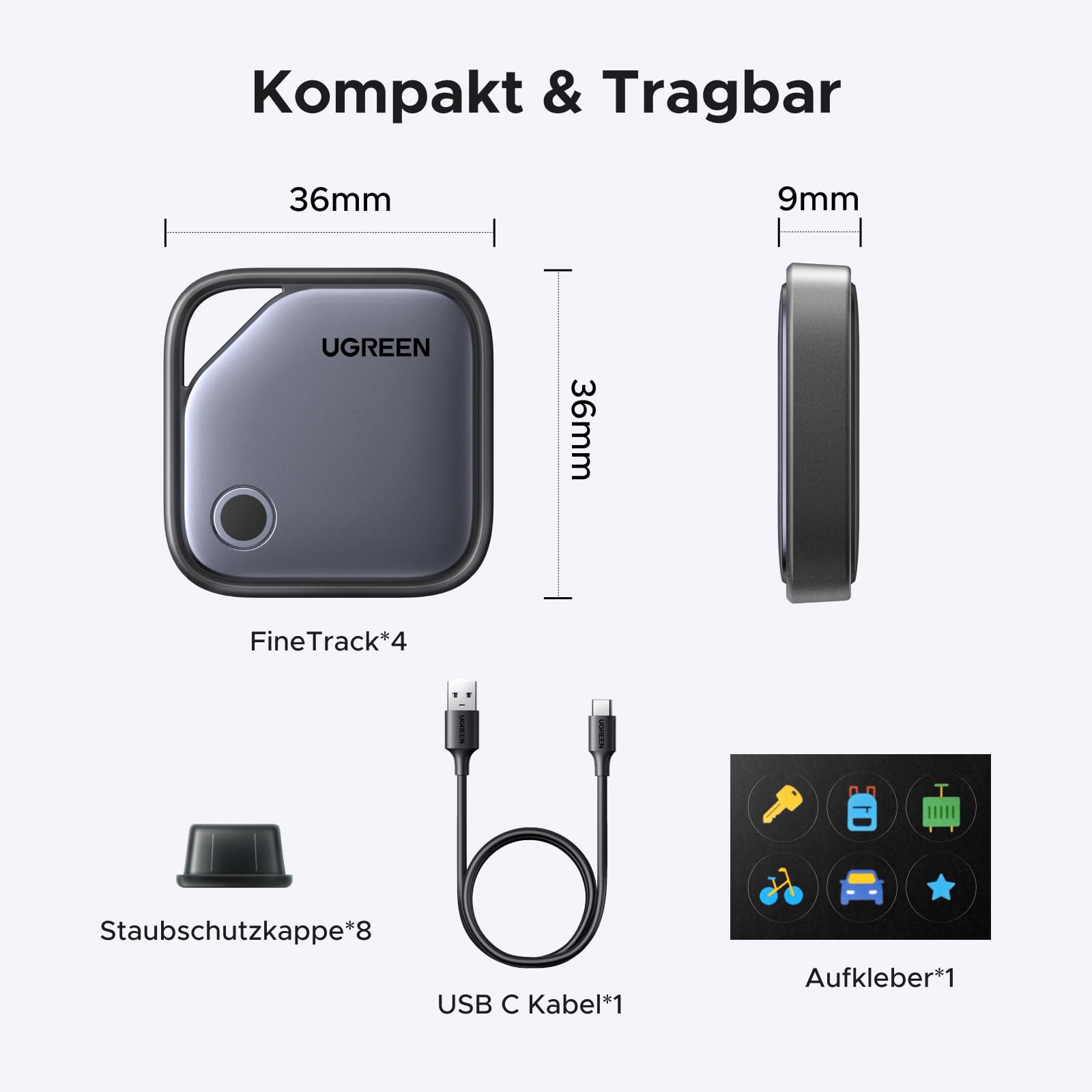 UGREEN Finetrack 4er Pack unterstützt USB C Aufladen, Bluetooth Tracker kompatibel mit Apple Find My (nur iOS), Smarttag bis zu 12 Monate Akkulaufzeit, Finder für Schlüssel, Koffer, Pass 9