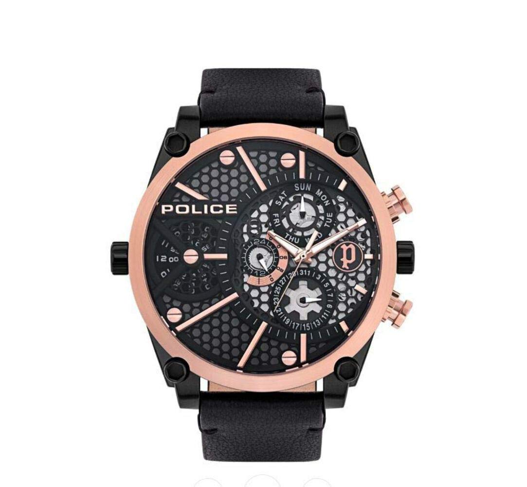 Police PL15381JSBR.61 Unisex Adult Analogue Quartz Watch with Leather Strap, Black, Bracelet