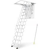 Ceiling Mount Attic Ladder, Retractable Attic Ladder Ceiling Pull Down System, 12 Steps Folding Loft Step with Armrests, Hidden Mount Attic Extension Stairs for Garage(White, Step 12)