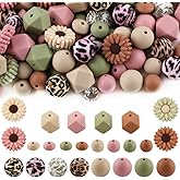 Sunrony 136Pcs Green Blush Brown Hexagon Lentil Print 12mm 14mm 15mm Silicone Beads for Keychain Making, 10mm Rhinestone Spacer Daisy Sunflower Silicone Focal Beads for Pens Crafts