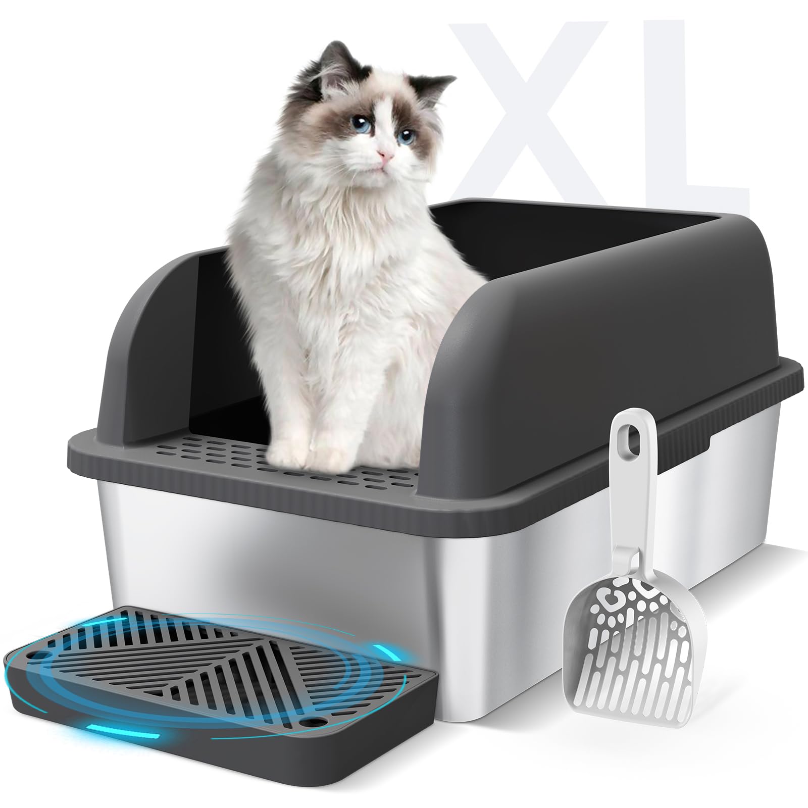 Stainless Steel Cat Litter Box with Enclosed Lid Extra Large Litter Box for Big Cats XL Metal Litter Tray Pan with High Sides Wall Enclosure, Easy Cleaning, Anti-Leakage, Non-Sticky (Charcoal Gray) Image
