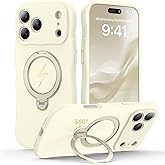 360 Spin Silicone Stand (Pro-Version) for iPhone 17 Pro Max Case: Cute Wavy [Full Camera Protection] (Fit for MagSafe) Shockproof Women Girl Phone Case for iPhone 17 Pro Max 6.9", Antique White