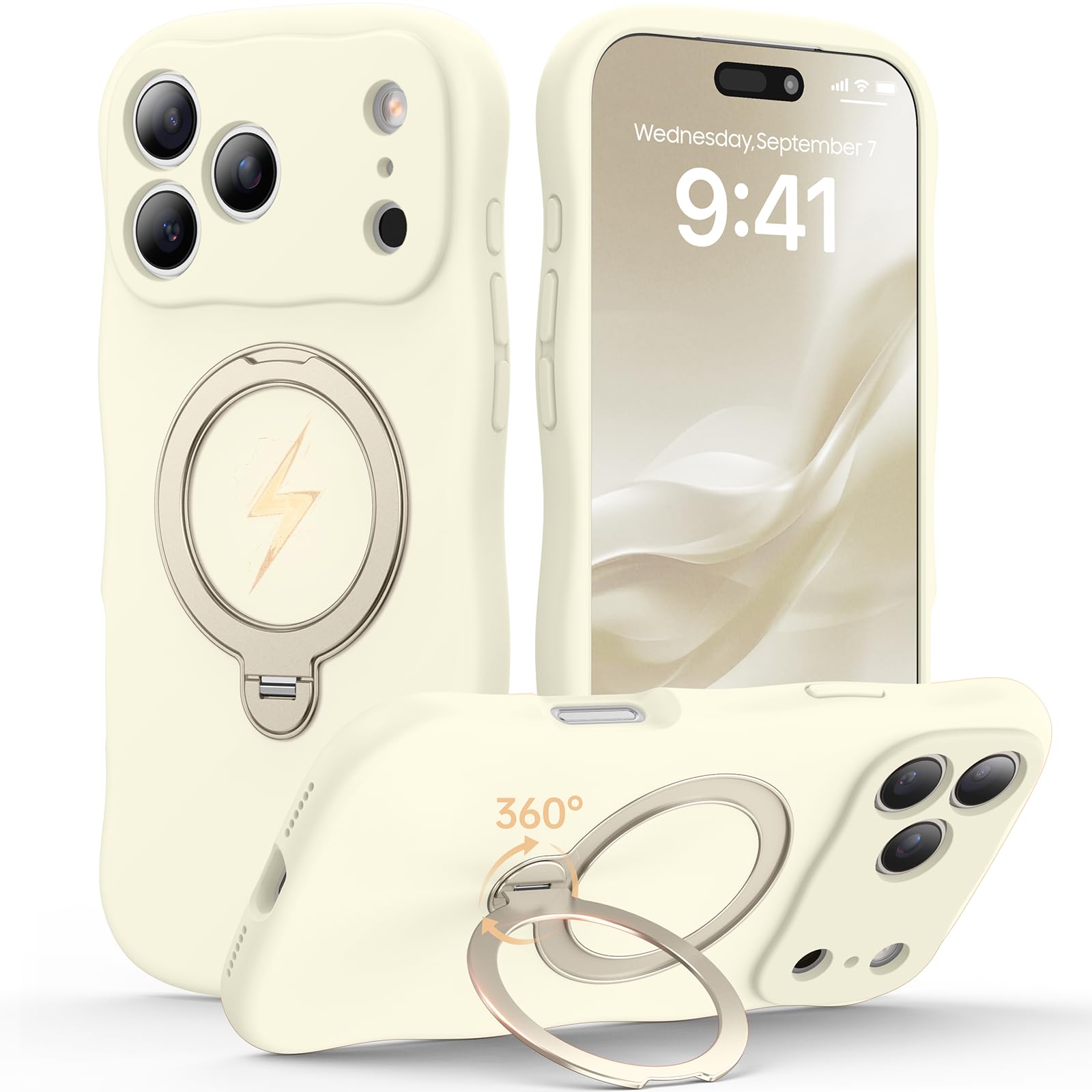 Peerock 360 Spin Silicone Stand Cover for iPhone 17 Pro Case [Cute Wavy & Full Camera Protection] Fit for MagSafe Shockproof Women Girl Phone Case for iPhone 17 Pro 6.3", Antique White