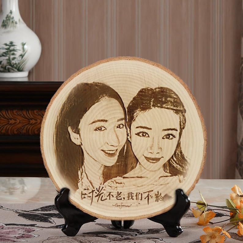 KuDiff Personalized Wood Slice Painting - Custom Portrait Laser Engraved Rustic Wall Art Gift (Round 14cm)