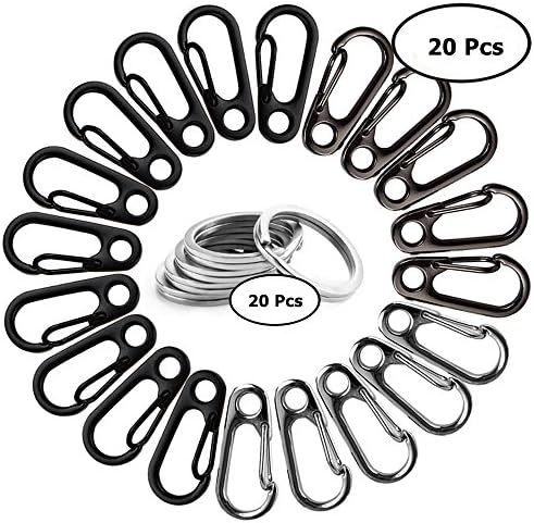 20 pcs SF Carabiners with 20 Key Rings, Spring Backpack Clasp Snap Hook with Flat Split Key Chains - Black, Gray, Silver