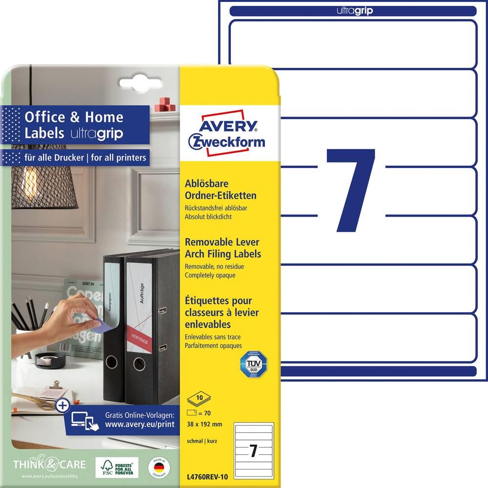 Avery Zweckform Folder Labels (A4, 140 Pieces, Removable, 38 x 192 mm), White, L4760REV-20 70 Labels 10 Blatt