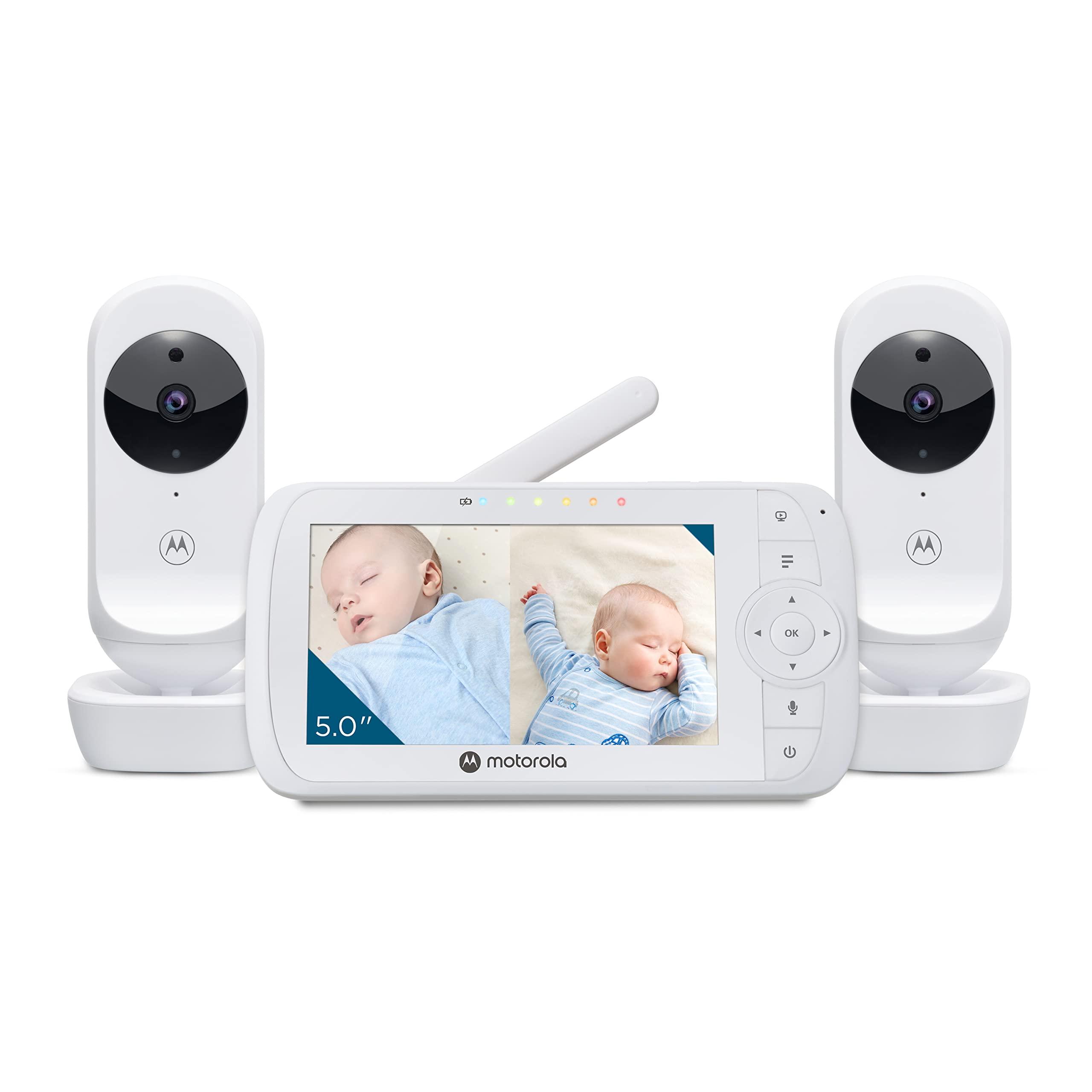 Motorola Nursery VM35-2 / Ease 35 Twin Baby Monitor with 2 Cameras 5.0 Inch Video Baby Monitor Display Split Screen Display Night Vision TwoWay Communication Lullabies Zoom Room Temperature, White