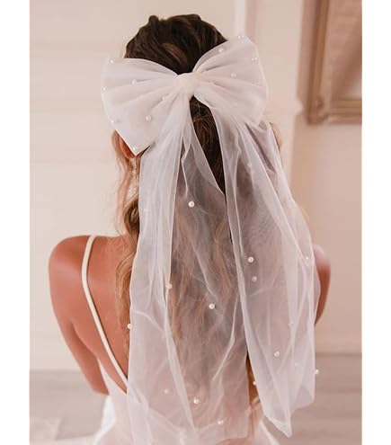 Amazon.com : Pearls Hair Bow Large Veil White Hair Bow  display picture 1