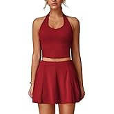 QBGJTD Women 2 Piece Tennis Skirt V Neck Tank Top with High Waisted Skirt Yoga Golf Outfit with Built-in Bra Shorts & Pockets