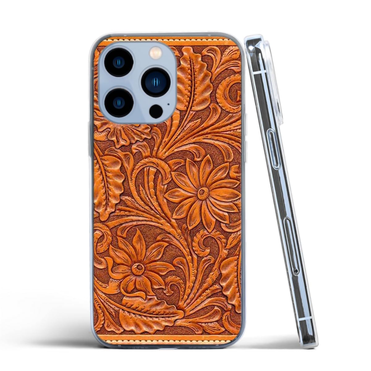 Compatible with iPhone 17 Pro Case Pure Clear Print Tooled Prints Brown Leather Cute Accessories Charm
