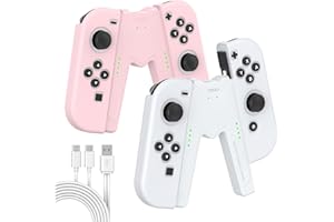 JINGDU Switch Joy-Con Charging Grip Compatible with Nintendo Switch Standard & OLED Model, Play While Charging, Portable V-Shaped JoyCon Controller Charger with Cable | 2PCS | White & Pink