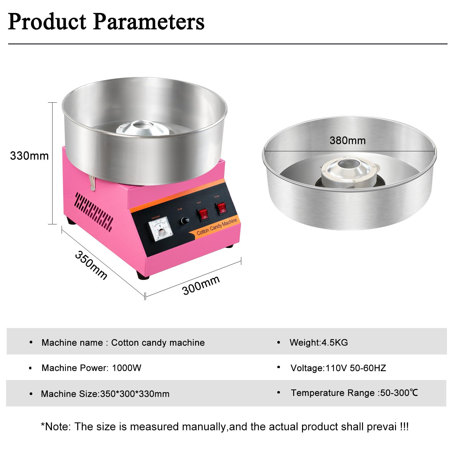 110V1000W Electric Commercial Pink Cotton Candy Machine, 15 Inch Stainless Steel Large Bowl, Dual Switch, Easy to Operate, Fast Candy Production, 3-4 pieces per minute