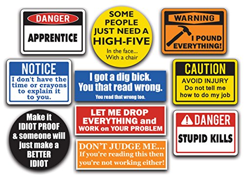 10-Pack of Funny Hard Hat Stickers. These vinyl decals are awesome, funny, badass, and cool. Best for adult men and women. All are a must have hardhat accessory for construction workers, union, etc.