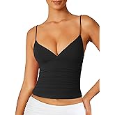 eoeoo Women's Sexy Deep V Neck Wrap Ruched Side Spaghetti Straps Sleeveless Slim Fit Crop Top