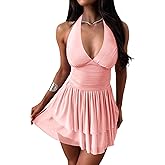 LCNBA Women's Halter V Neck Ruffled Hem Mesh Dress Ruched Flowy Mini Dress
