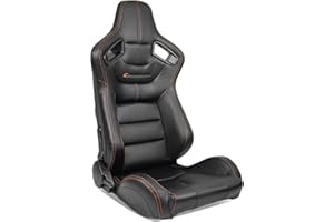 IKON MOTORSPORTS, Universal Racing Seats with Dual Sliders, Black with Orange Stitch PU & Carbon Leather Reclinable Right Passenger Side