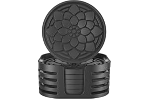 HAPILAIF ㅤ Silicone Coasters Set of 6 with Holder, Silicone Cup Holder Coasters, Hot or Cold, Coaster for Desk Home Decor Tabletop Protection Non-Slip and Non-Stick, Round Black