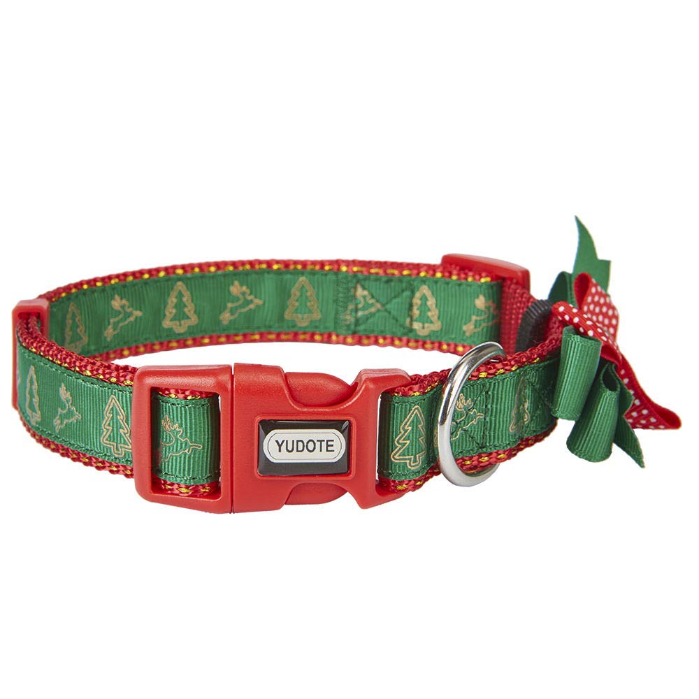YUDOTE Christmas Dog Collar with Festive Gold Thread,Christmas Tree,Reindeer Print and Removeable Bow-tie for Small Dogs Neck 25-38cm
