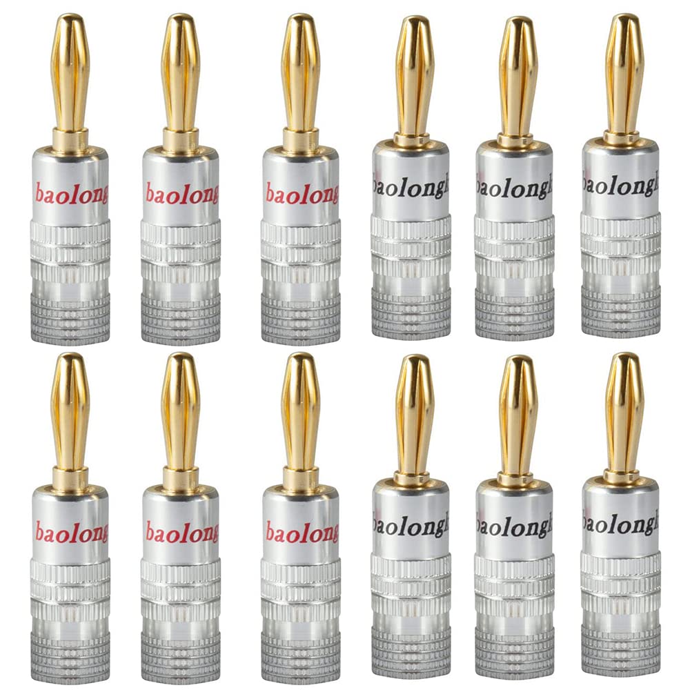 baolongking Banana Plugs, Gold Plated 4mm Speaker Connectors for Speaker Wire, Sockets, Amplifier, Dual-Screw Type in Red & Black (6 Pairs/12 PCS)