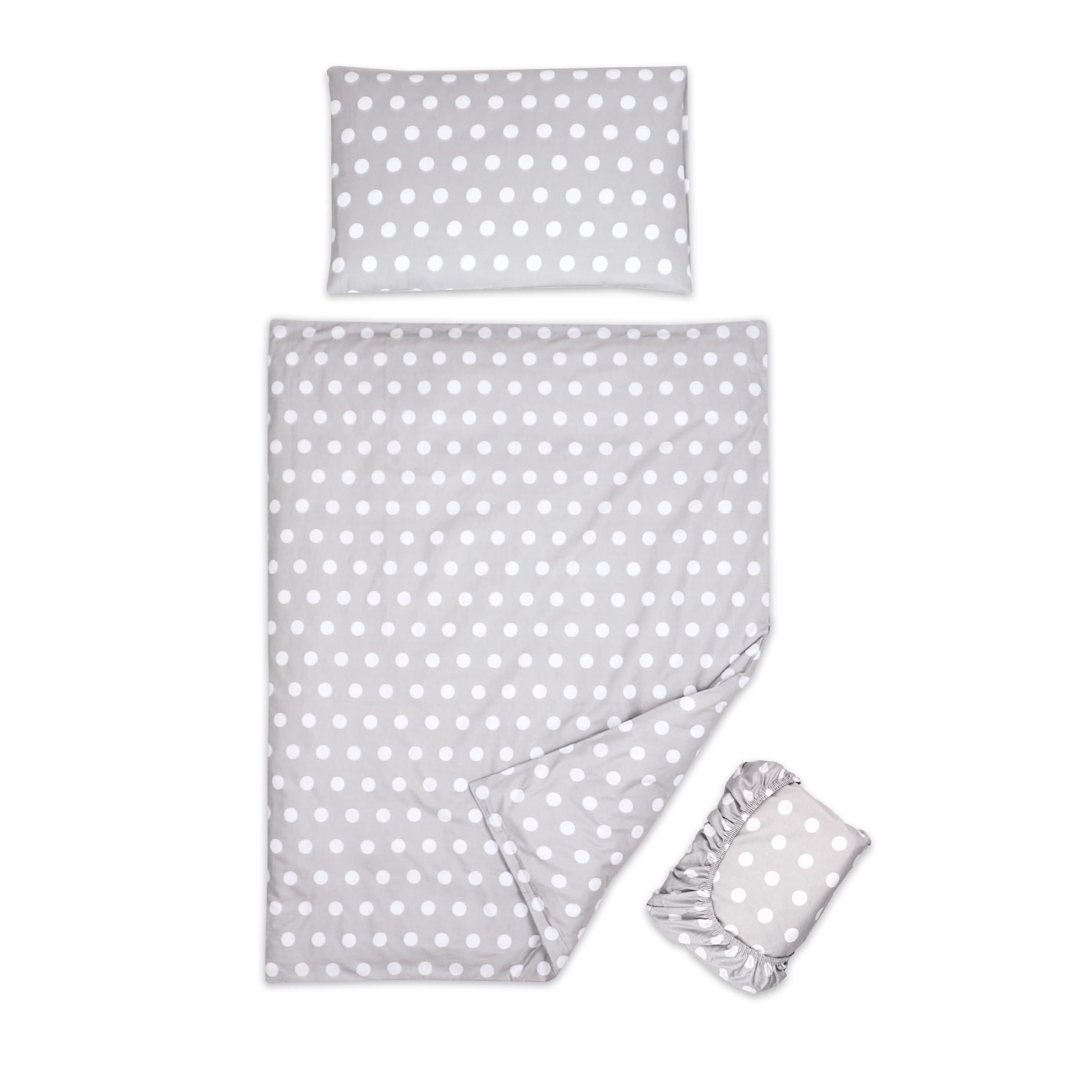 3 piece set Duvet Cover Pillowcase and Fitted Sheet for 140x70 cm Baby Cot Bed 12M+ (Polka Dots Grey)