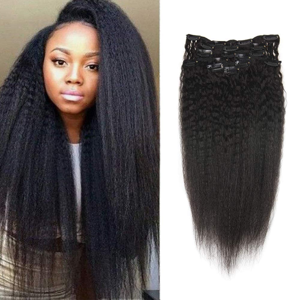 Fshine Kinky Straight Clip In Hair Extensions 8 Inch Natural Black Human Hair Extensions Remy Brazilian Extensions Double Weft 7 Pieces 100g Per Set