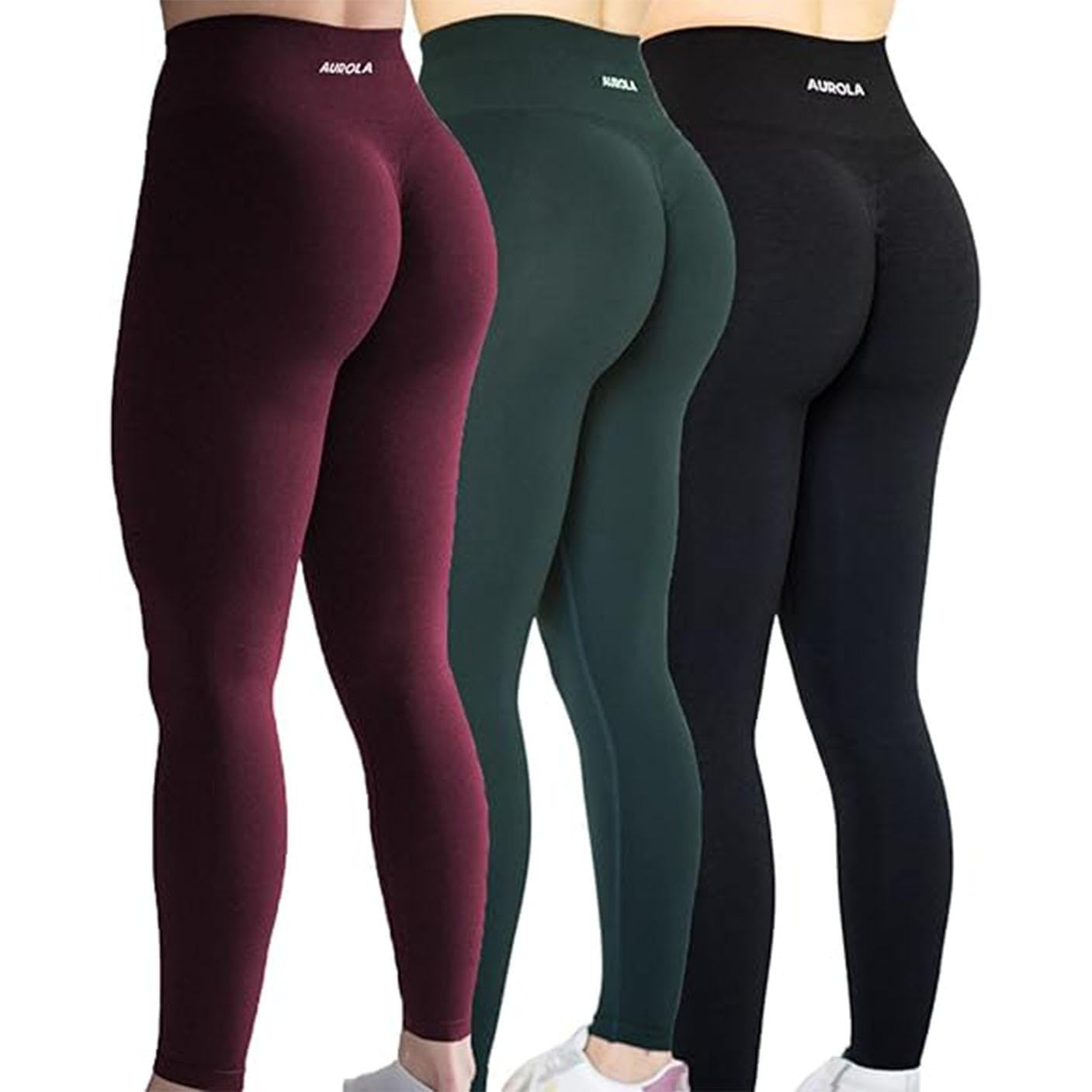 Photo 1 of Seamless Scrunch Legging Women Yoga Pants 7/8 Tummy Control Running for Fitness Active Legging-25'' (M, Black+Ponderosa Green+Black Cherry)