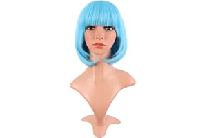 MapofBeauty 12 Inch /30 cm Fashion Lady Short Straight Synthetic Flat Bangs Bob Wig (Light Blue)