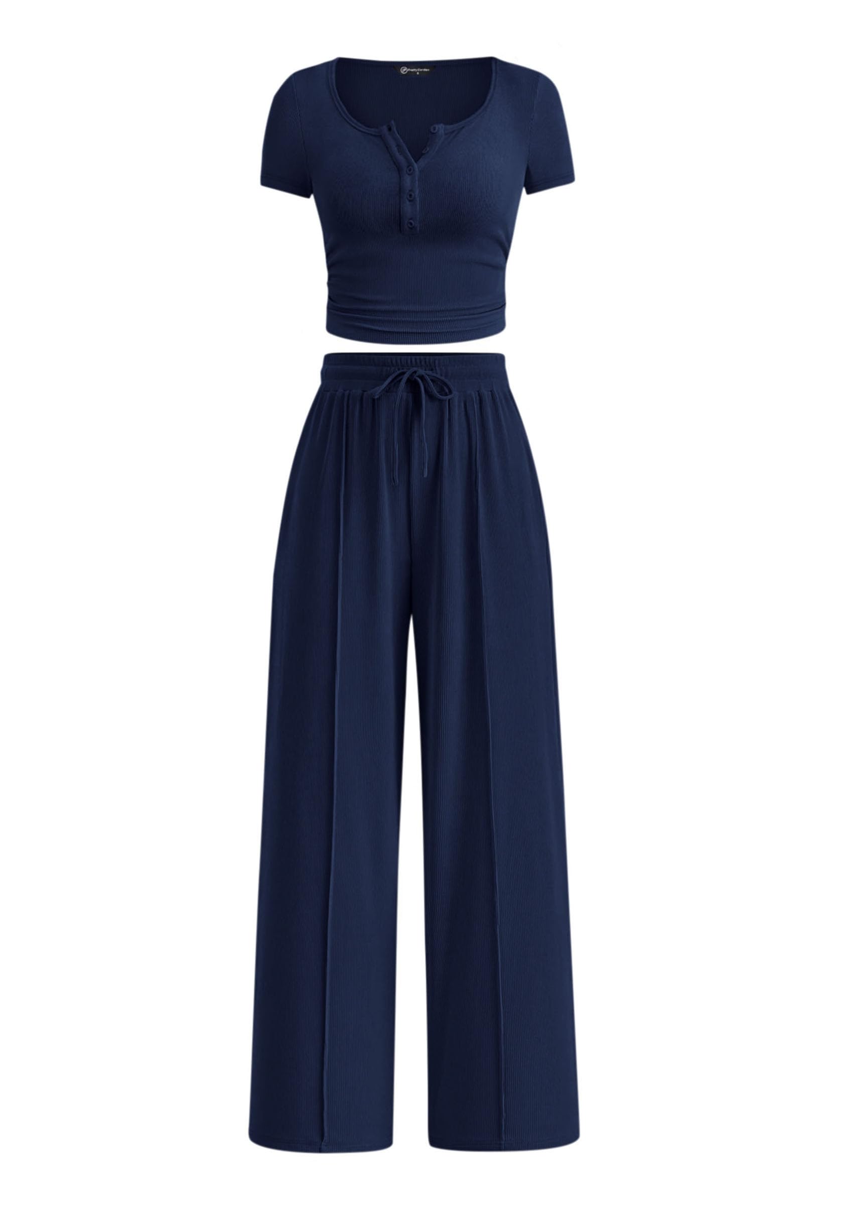 Photo 1 of *BLACK*__________________PRETTYGARDEN Womens 2 Piece Outfits Summer 2025 Ribbed Knit Button Short Sleeve Tops Casual Wide Leg Pants Lounge Sets(BLACK*,Medium)